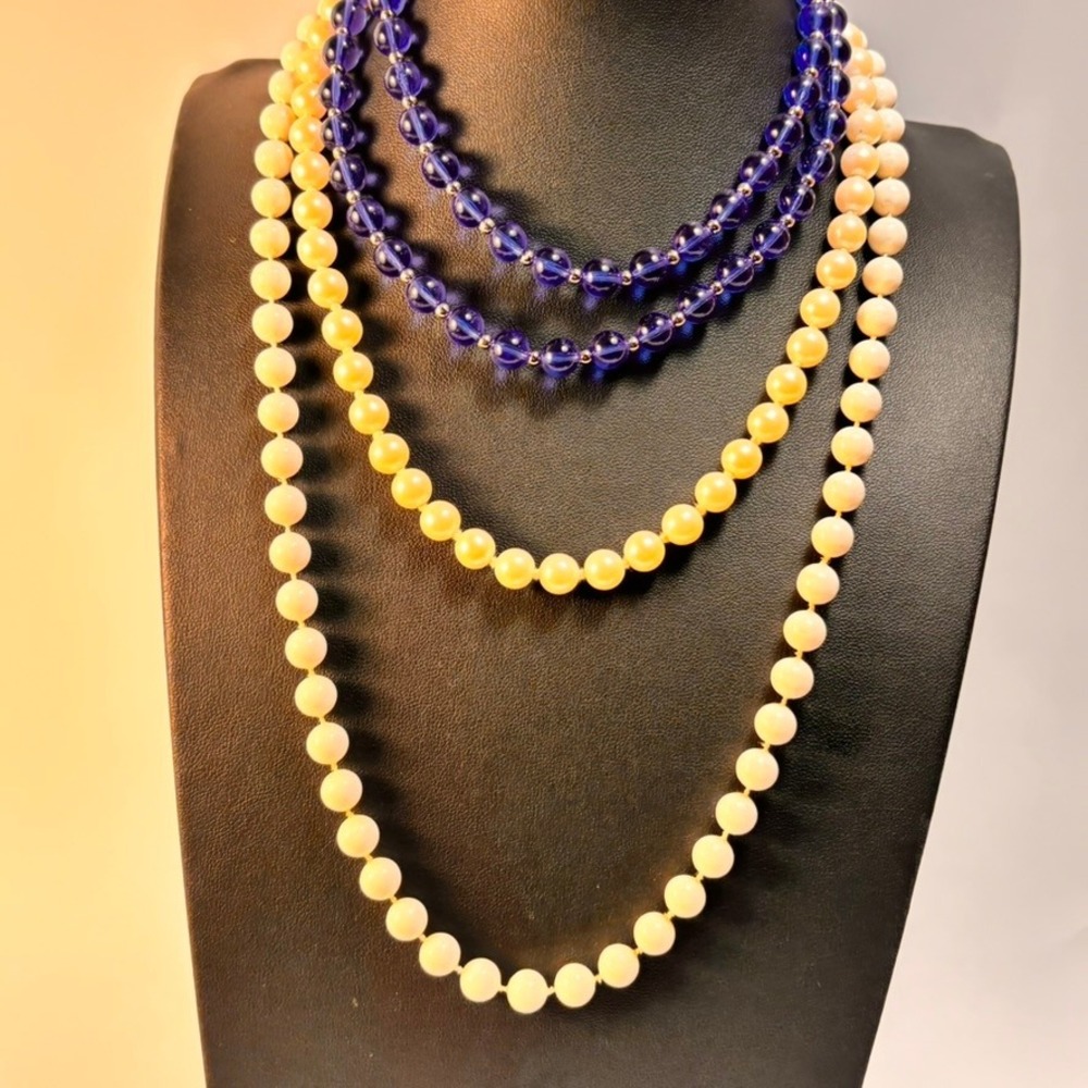 Vintage Beaded Necklace Cream Blue Acrylic Layered Boho Whimsygoth 90s Statement